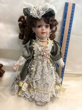 Porcelain-Style Fashion Doll in Olive Green and White Lace